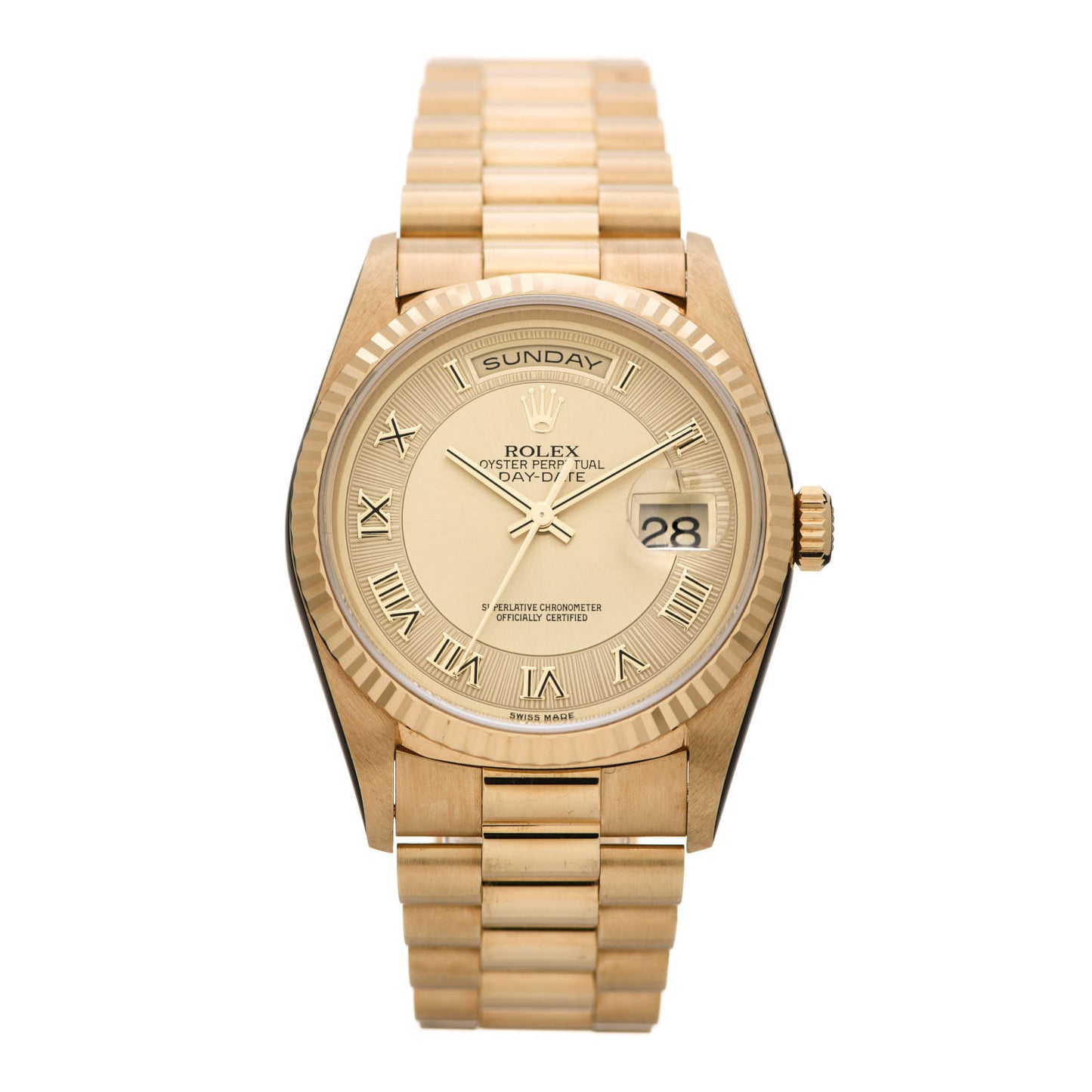 18K Yellow Gold 36mm Oyster Perpetual Day-Date President Watch Champagne Roman 18238