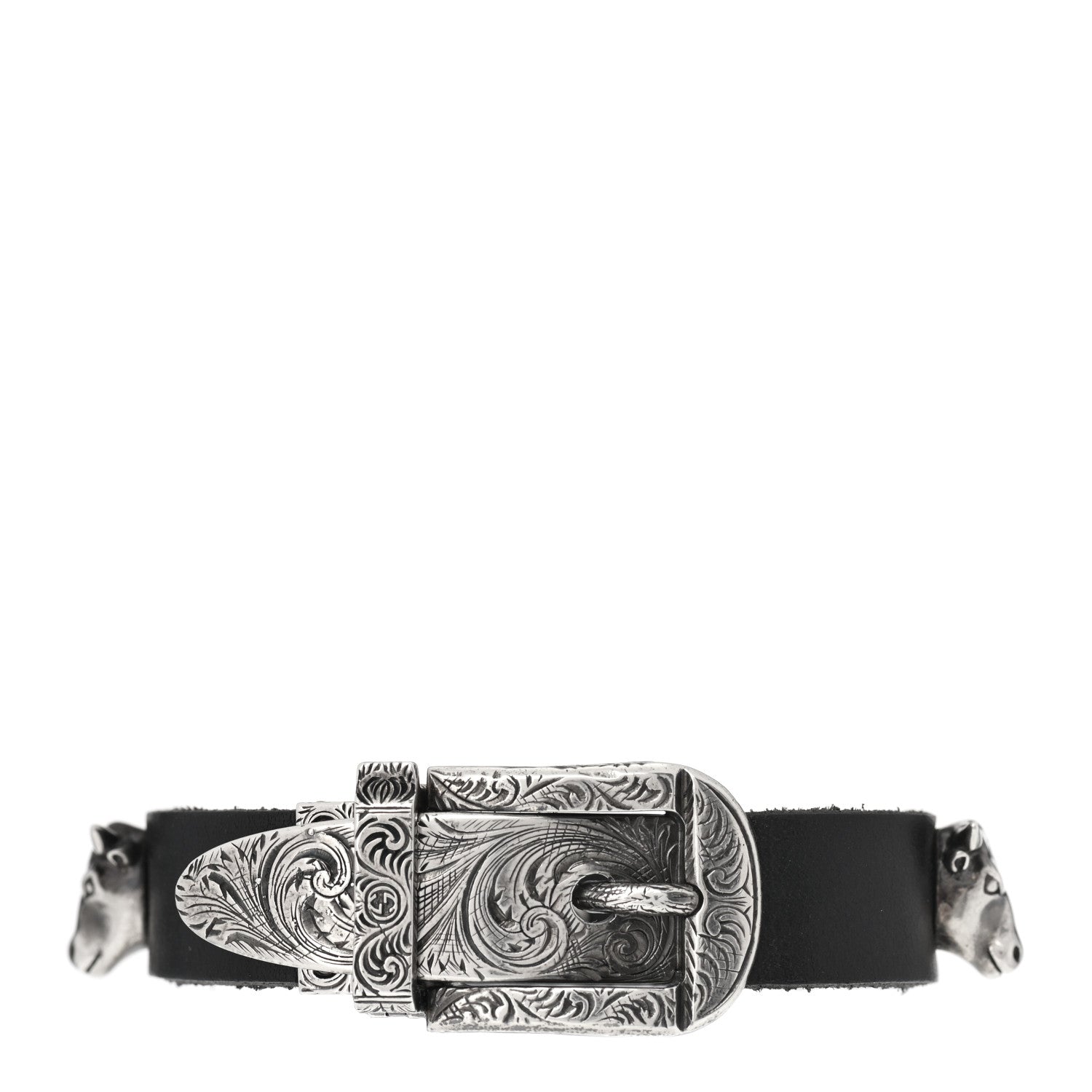 Gucci Sterling Silver Leather Anger Forest Bulls Head Bracelet 2 of 5