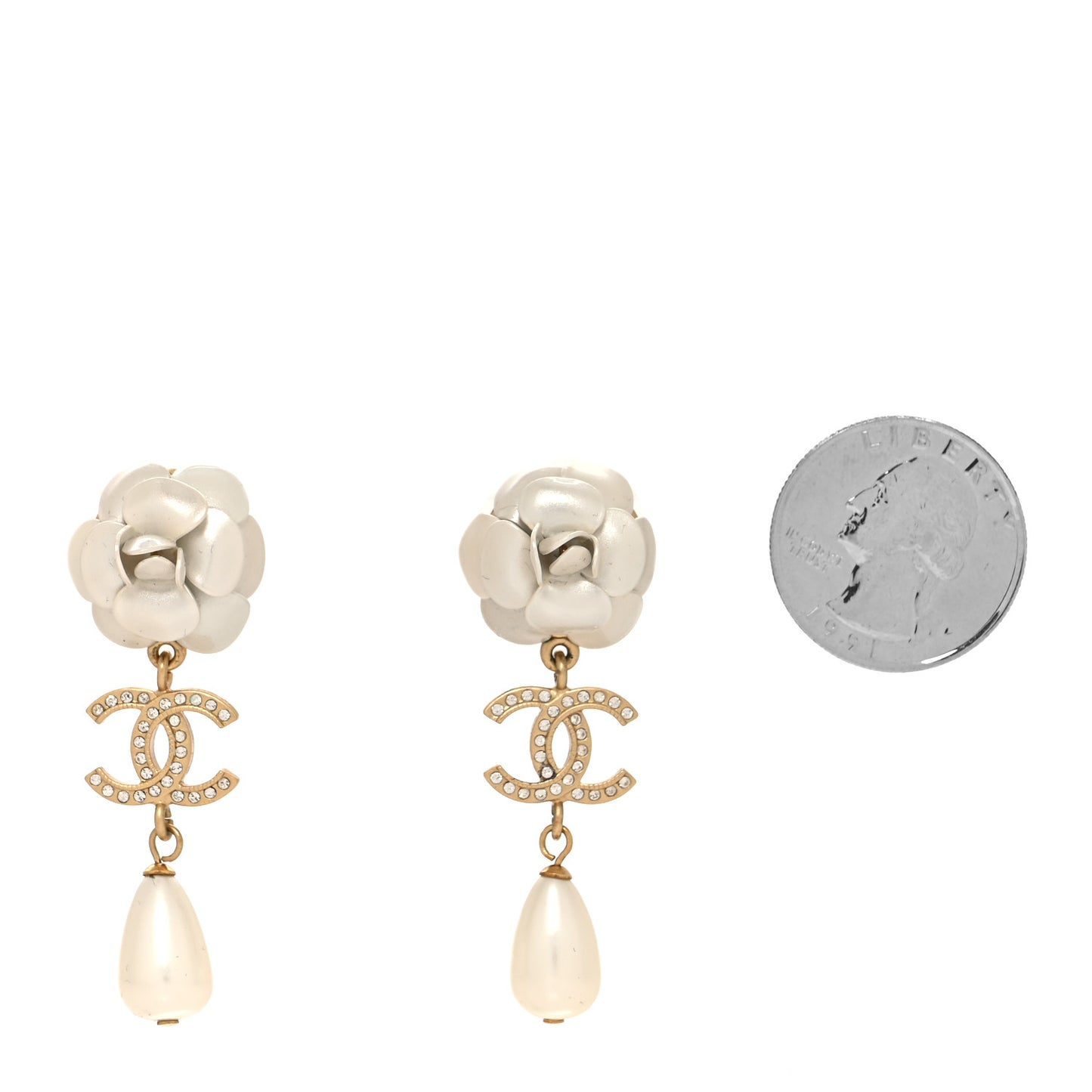 Metal Crystal Pearl 90s Camellia CC Drop Earrings Gold