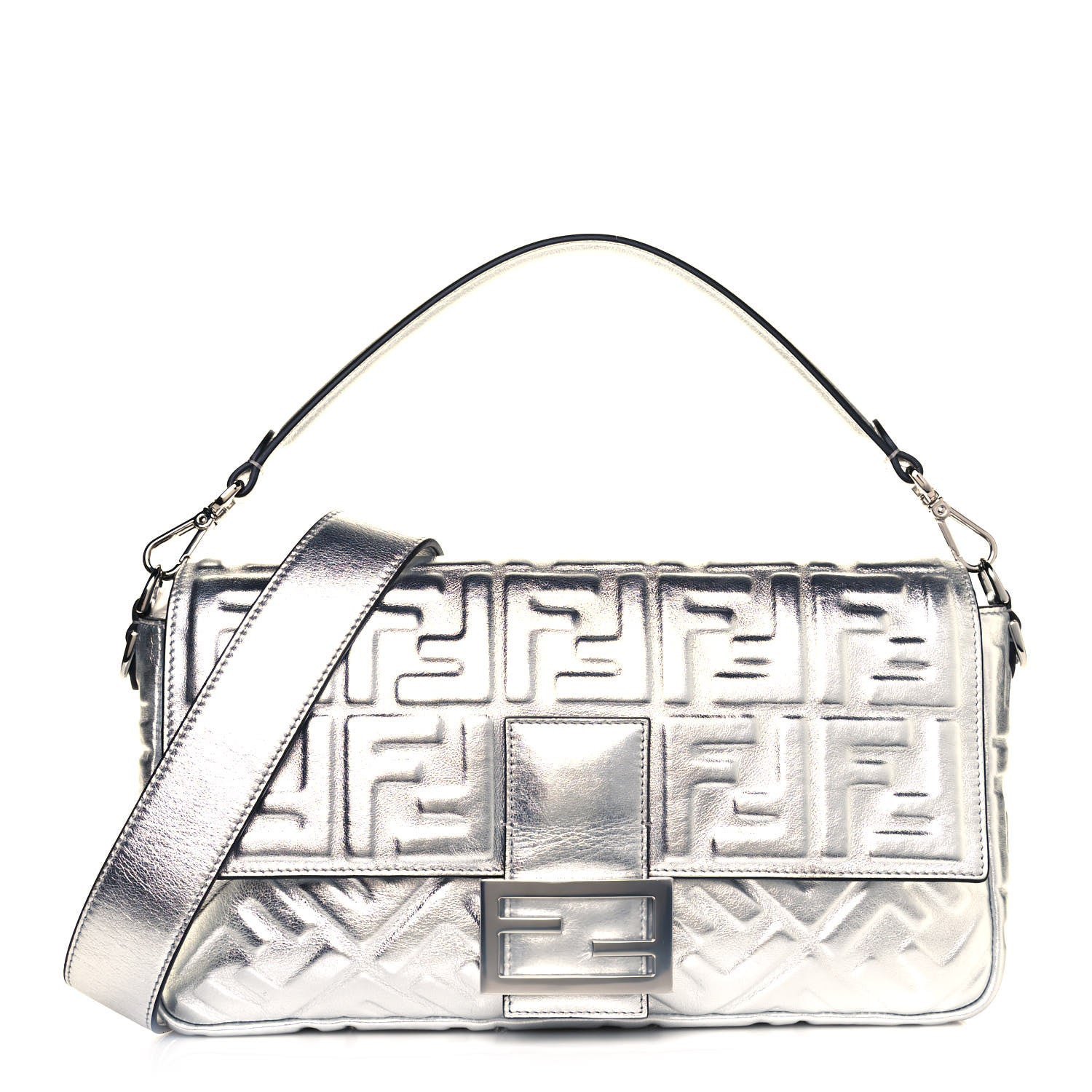 Fendi Vitello Catalan Mirror FF 1974 Embossed Large Baguette Argento 1 of 15