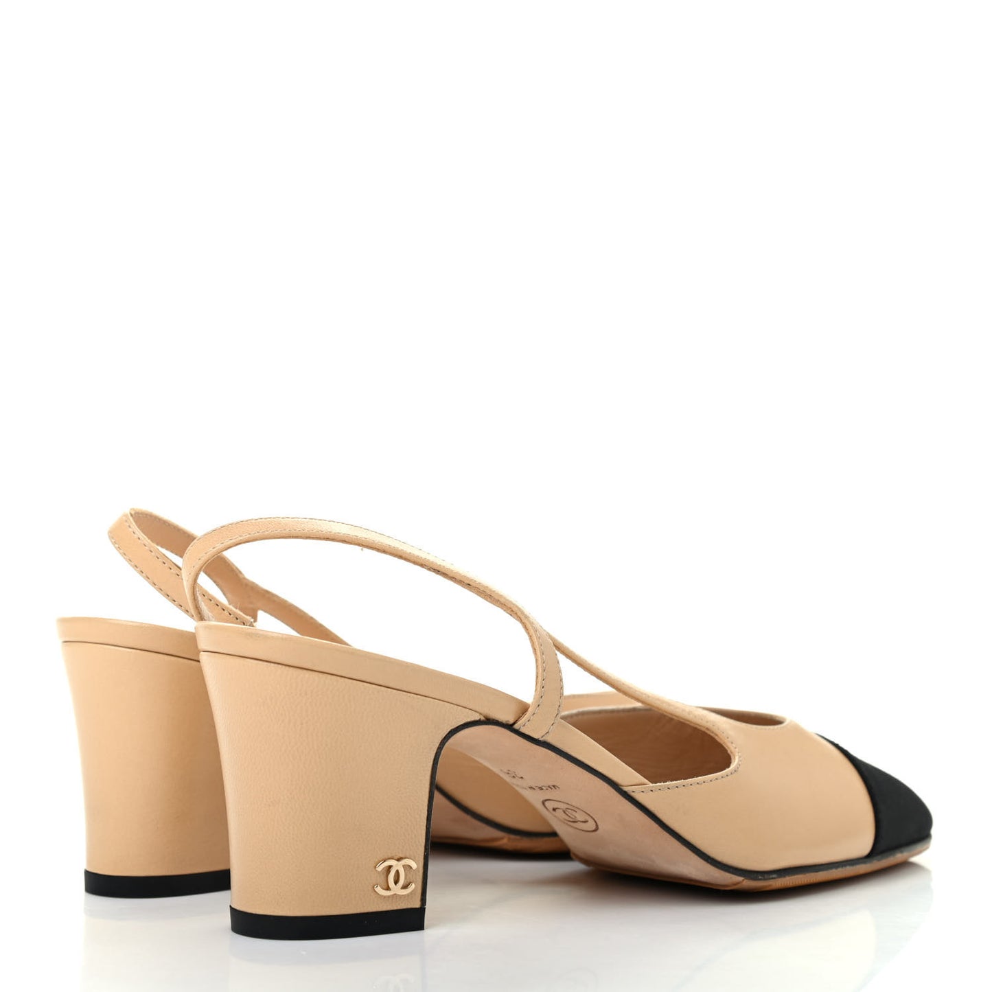 Lambskin Grosgrain Cap Toe CC Slingback Pumps 36 Beige Black