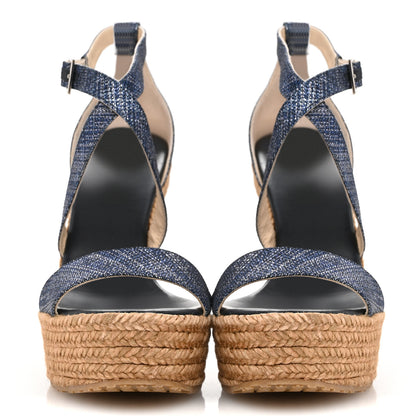 Jimmy Choo Metallic Denim Cork Portia 120 Wedge Sandals 40 Navy 3 of 9