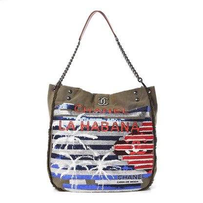 Chanel Canvas Sequins Cubano Trip Hobo Khaki 1 of 13
