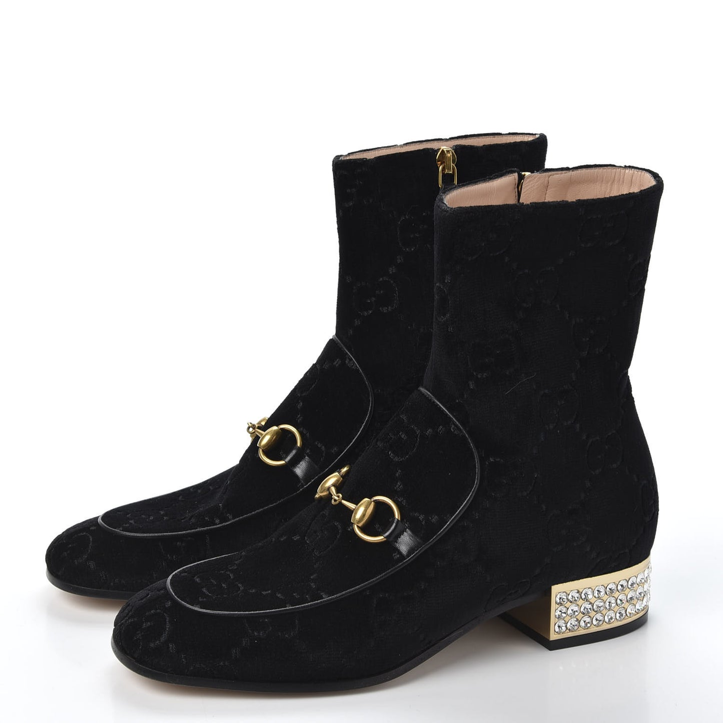 Velvet GG Monogram Crystal Horsebit Ankle Boots 38 Black