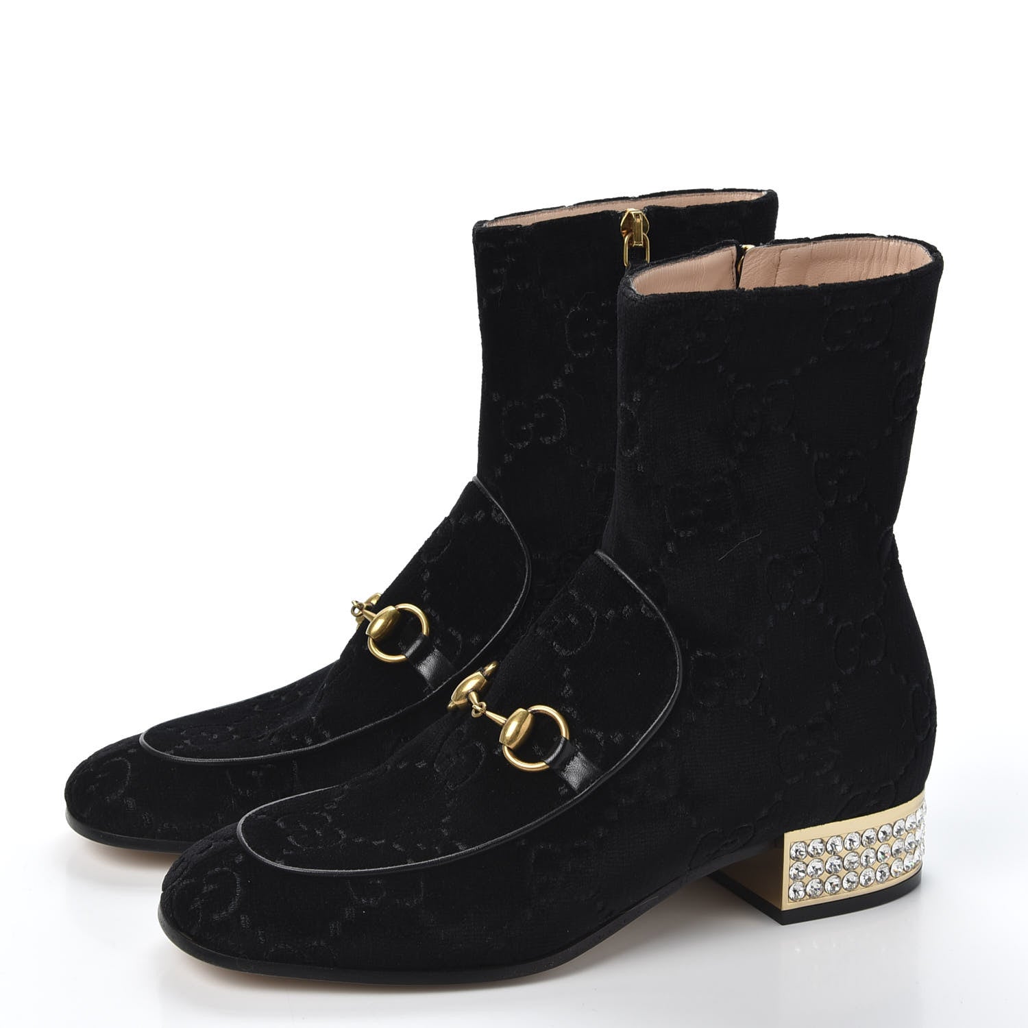 Gucci Velvet GG Monogram Crystal Horsebit Ankle Boots 38 Black 3 of 9