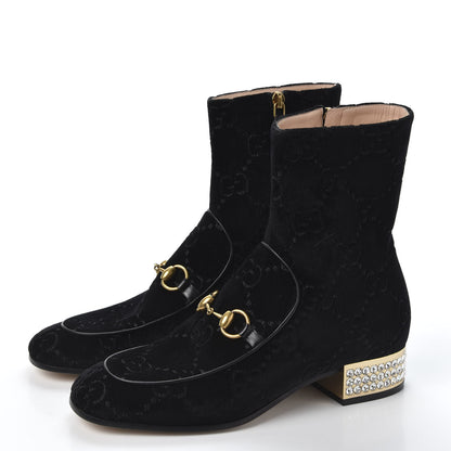 Gucci Velvet GG Monogram Crystal Horsebit Ankle Boots 38 Black 3 of 9