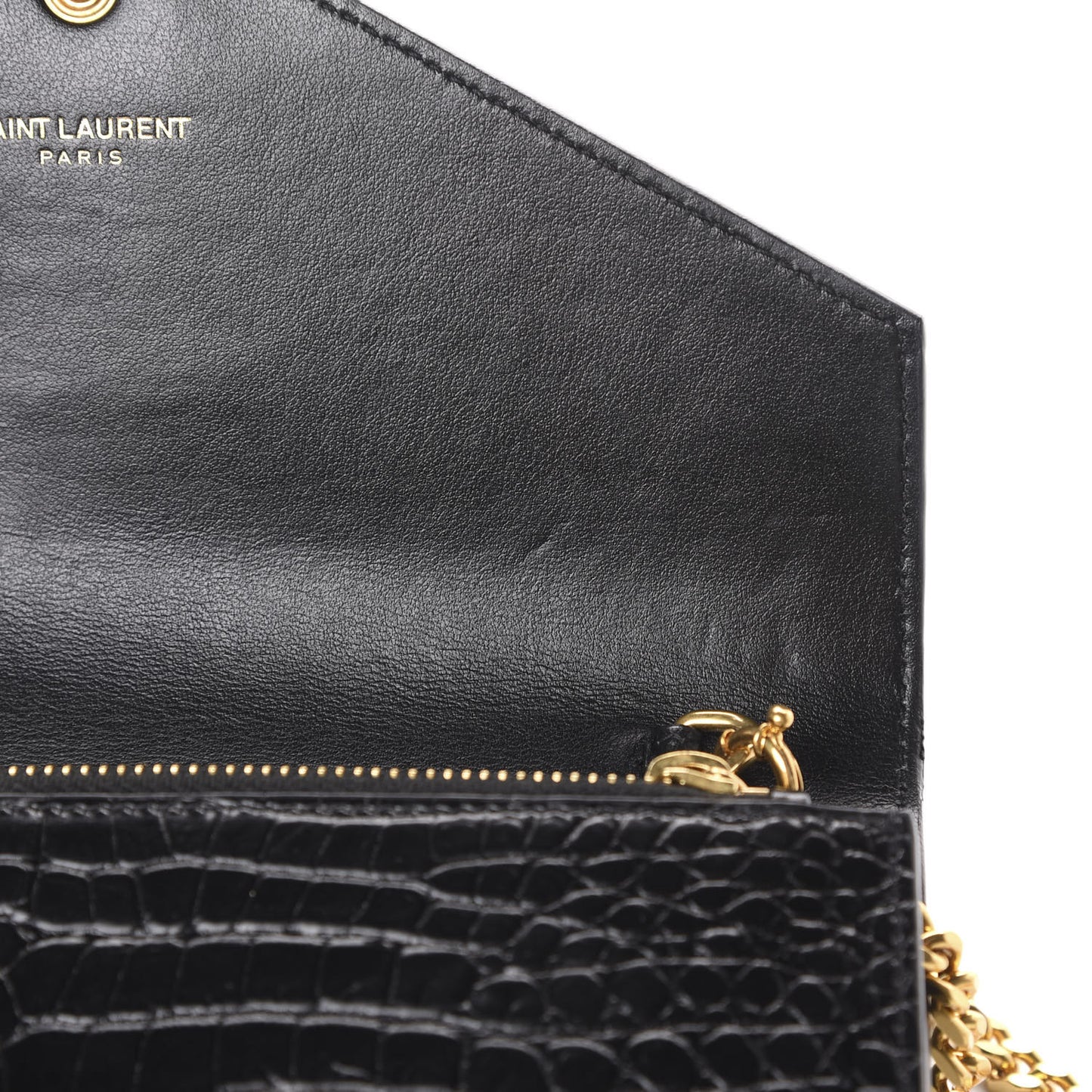 Calfskin Crocodile Embossed Monogram Envelope Chain Wallet Black