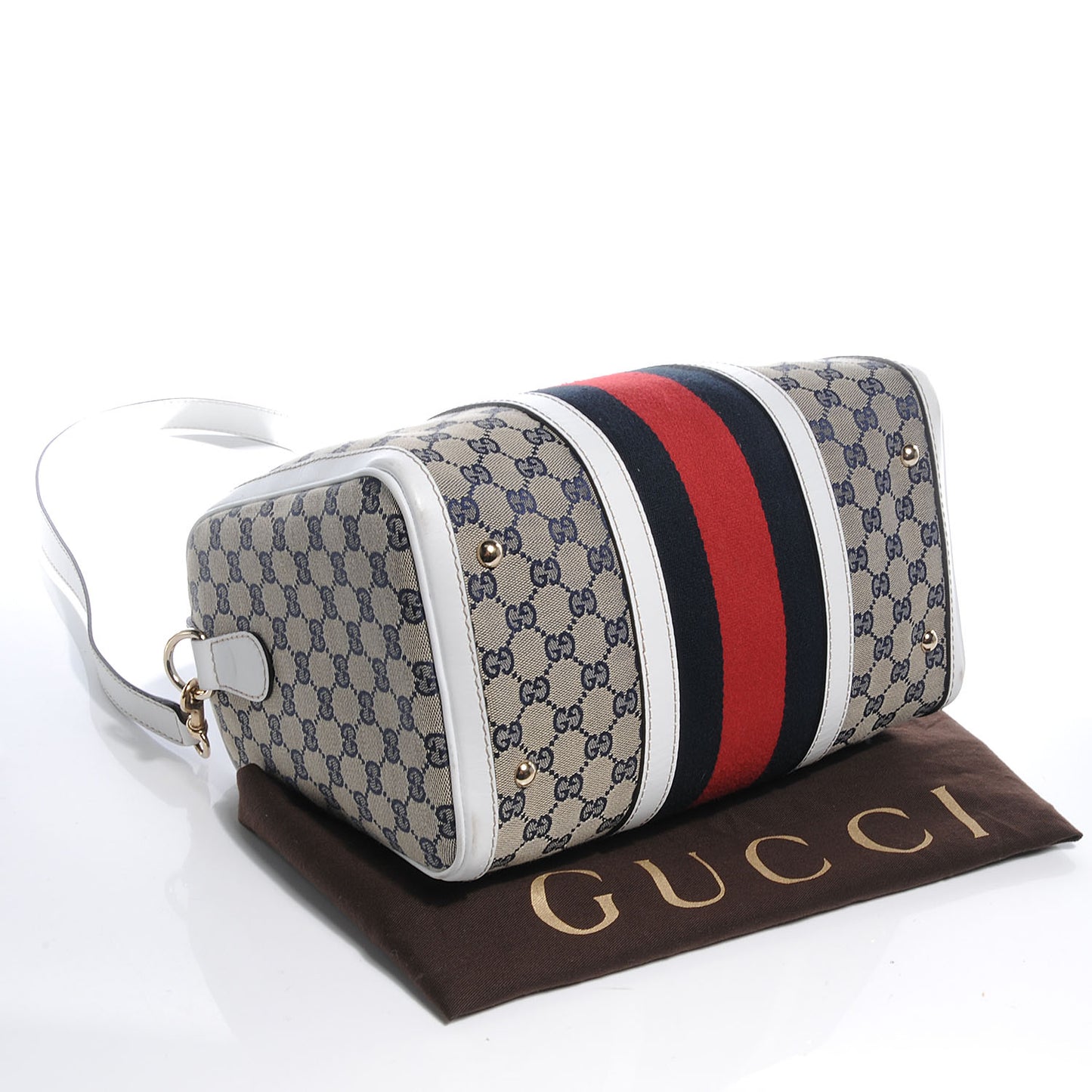 Monogram Selleria Calfskin Vintage Web Medium Boston Beige Blue Mystic White