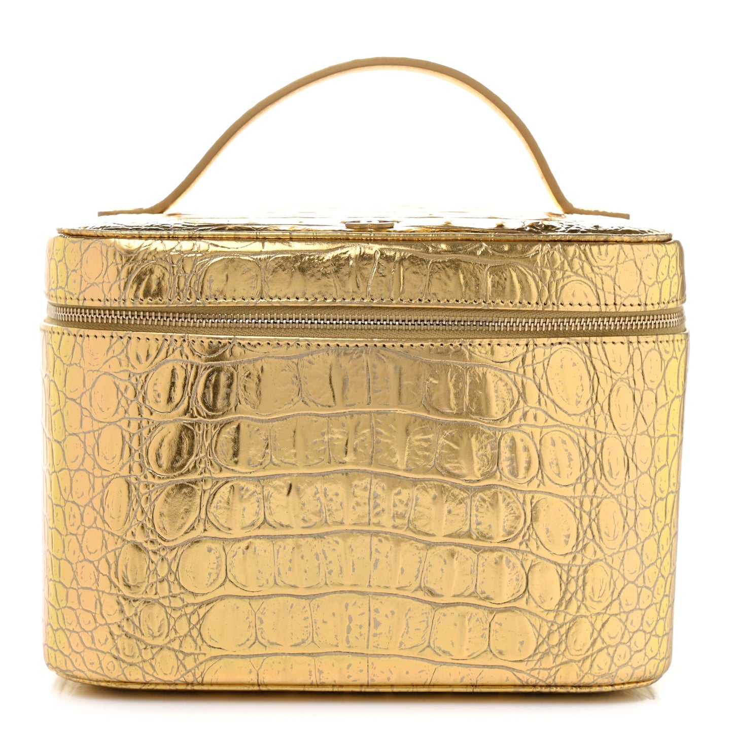 Metallic Calfskin Crocodile Embossed Cocodile Top Handle Vanity Gold