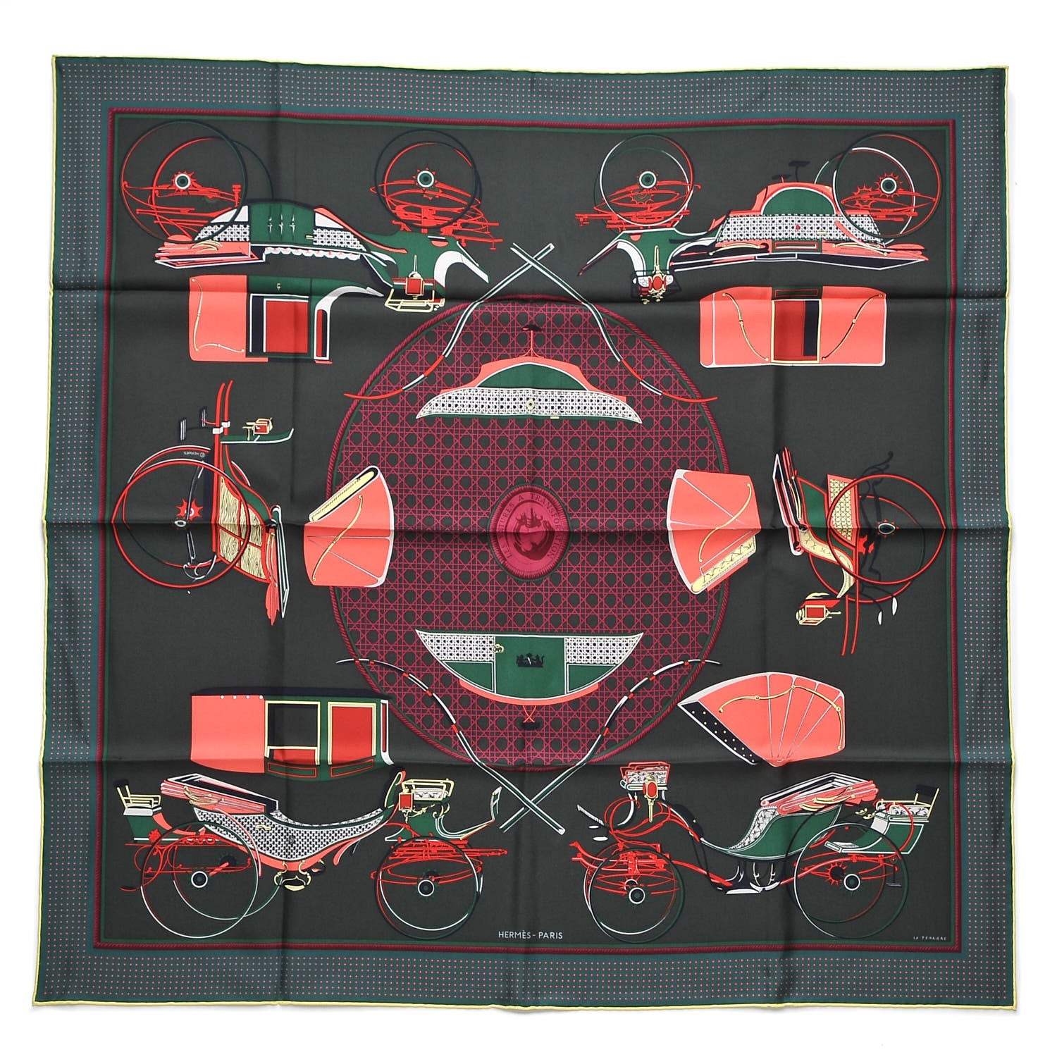 Hermes Silk Les Voitures A Transformation Scarf 90 Vert Loden Corail Grenat 1 of 7