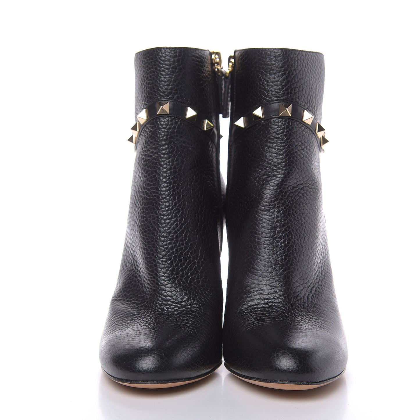 Pebbled Calfskin Rockstud Single Buckle 90mm Block Heel Ankle Boots 35.5 Black