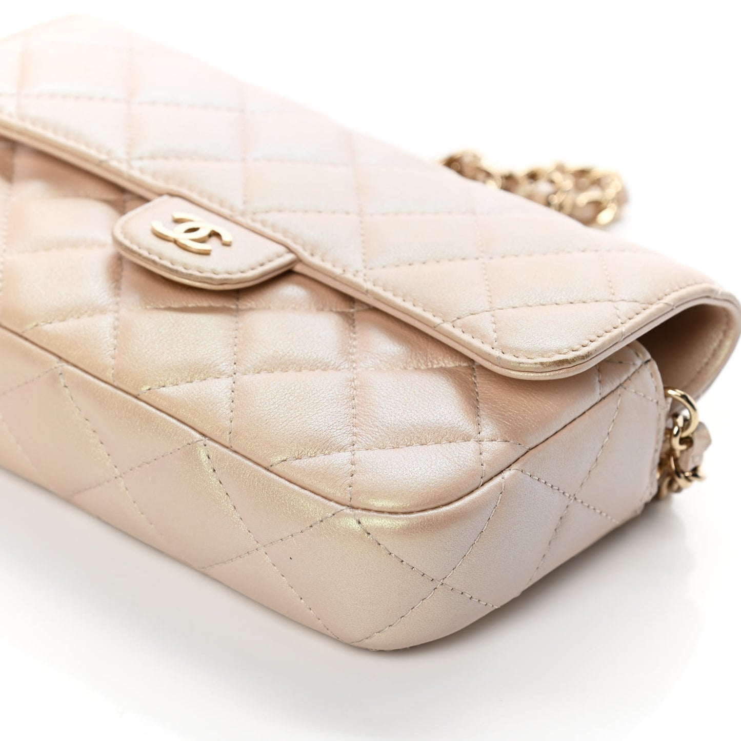Iridescent Lambskin Quilted Flap Phone Holder With Chain Beige