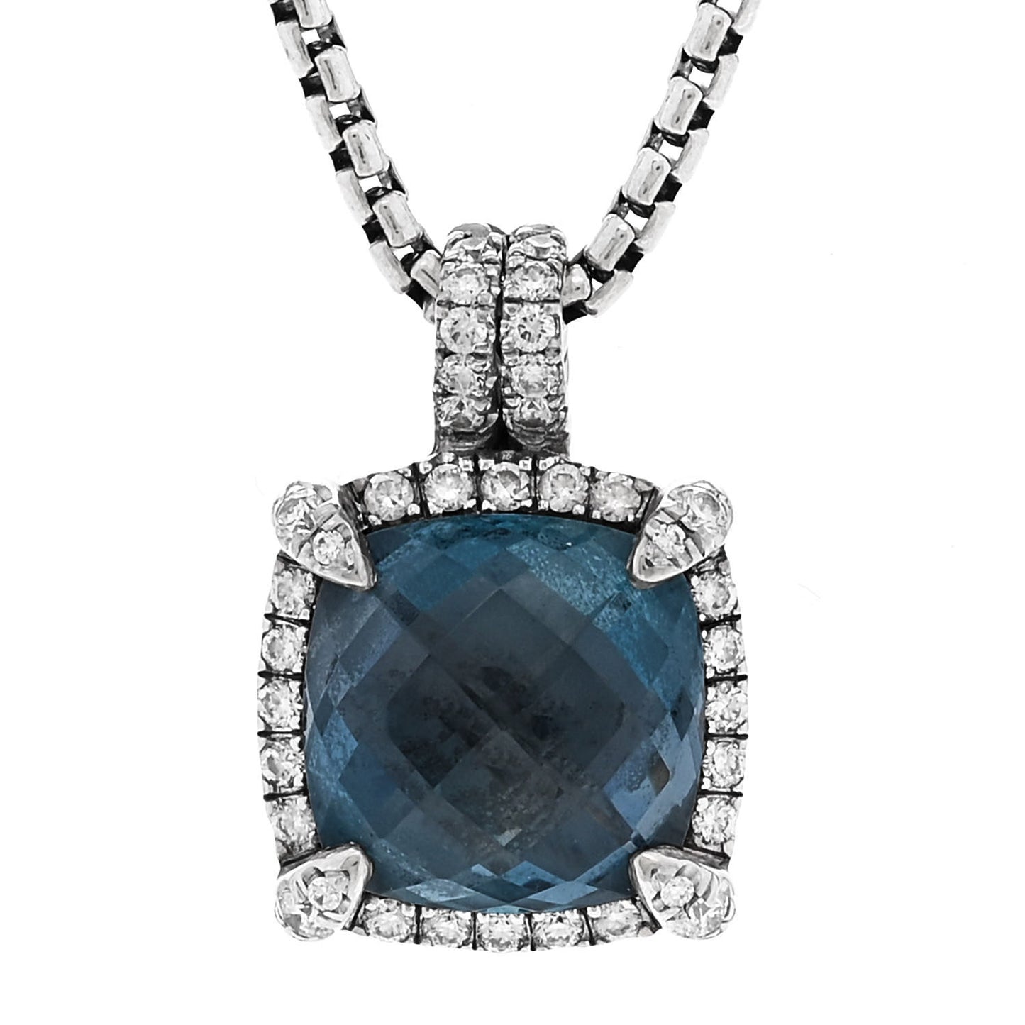 Sterling Silver Diamond Blue Topaz 9mm Chatelaine Pave Bezel Pendant Necklace