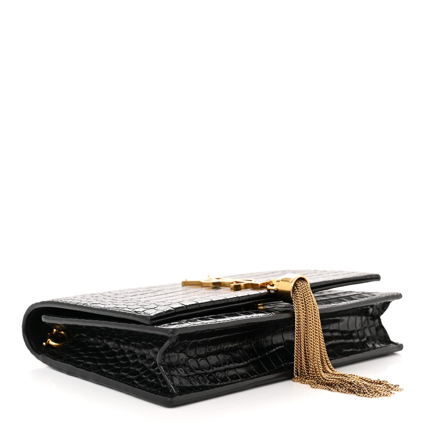 Calfskin Crocodile Embossed Kate Monogram Tassel Chain Wallet Black