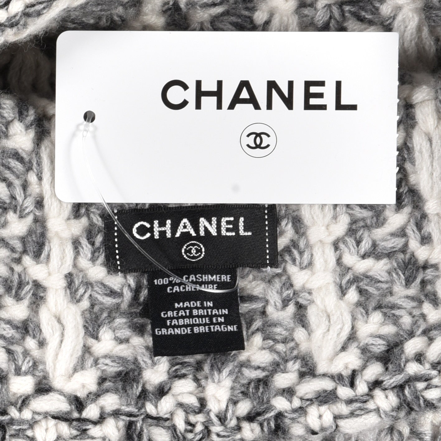 Chanel Cashmere Logo Beanie Hat Light Beige Black Grey 4 of 4