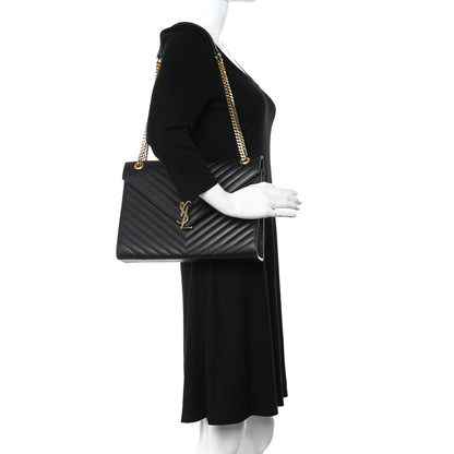 Saint Laurent Grain De Poudre Matelasse Chevron Large Monogram Satchel Black 2 of 13