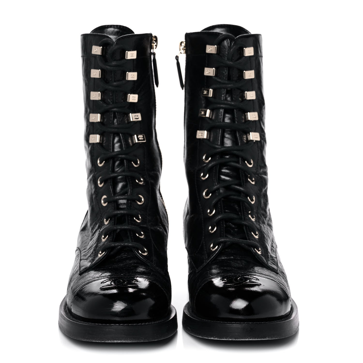 Chanel Aged Calfskin Lace Up Combat Boots 37.5 Black 2 of 9