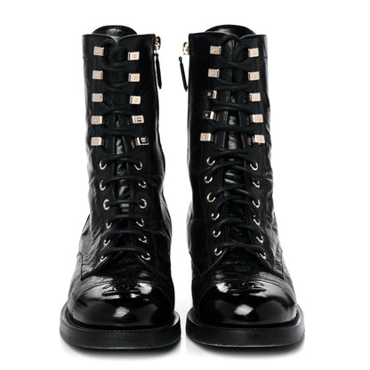 Chanel Aged Calfskin Lace Up Combat Boots 37.5 Black 2 of 9