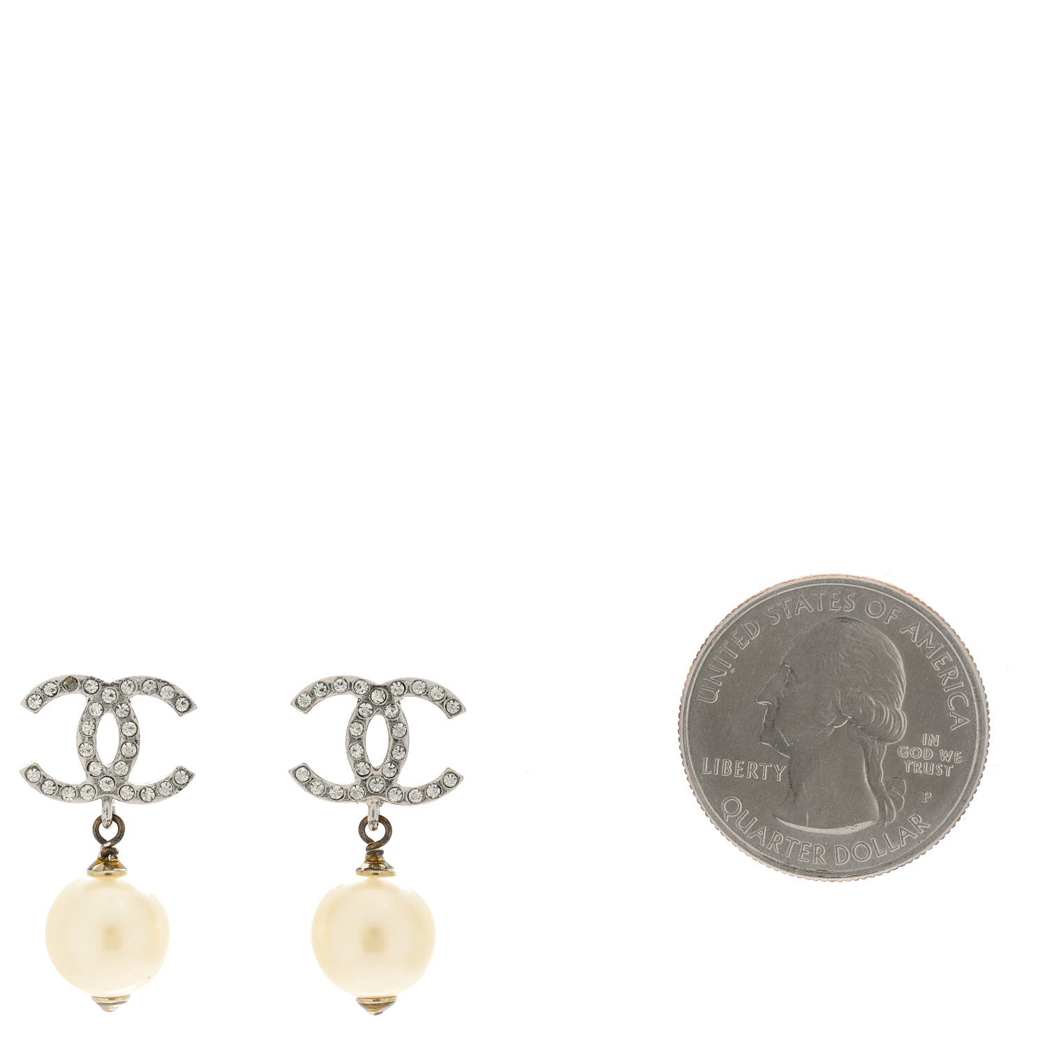 Chanel Crystal Pearl CC Drop Earrings Silver 2 of 4