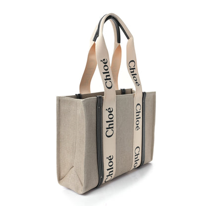 Chloe Linen Calfskin Medium Woody Ribbon Tote White Black 3 of 8