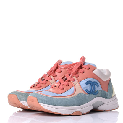 Chanel Nylon Lambskin Suede Calfskin CC Sneakers 36 Coral Light Blue White 3 of 10
