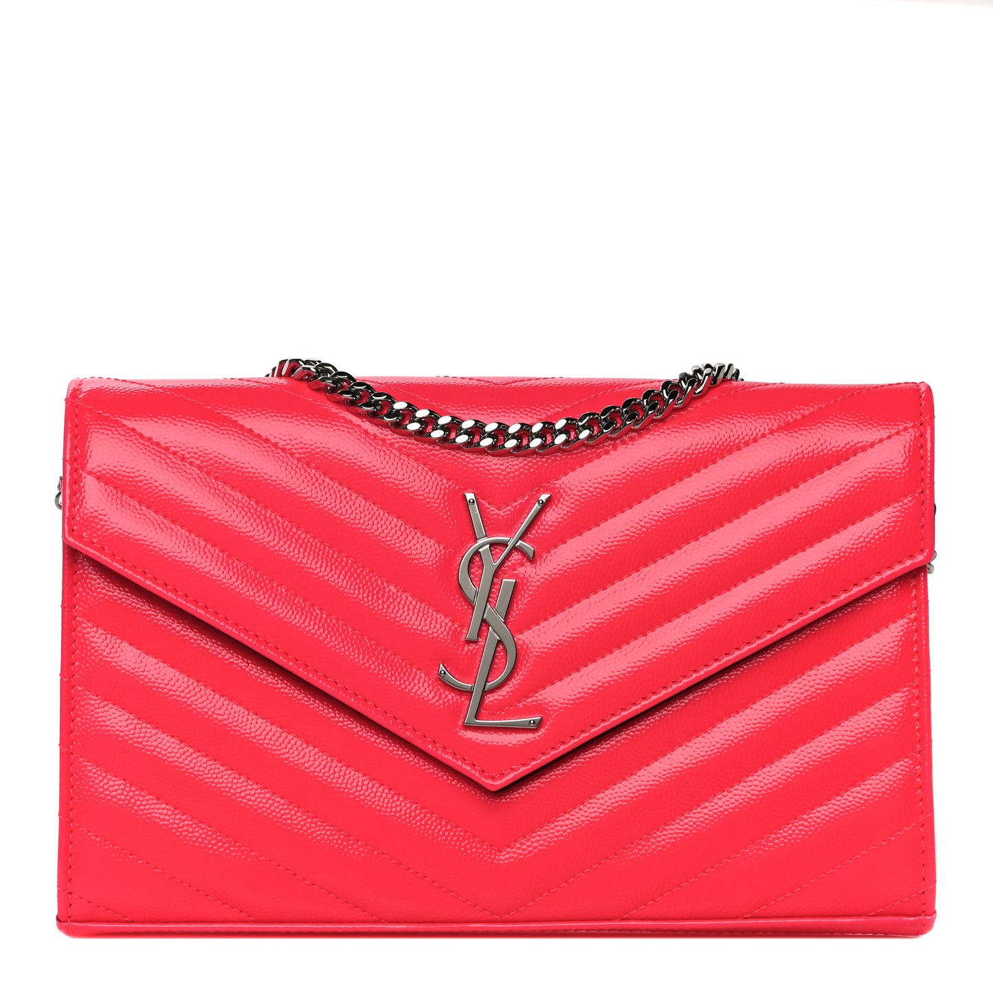Patent Grain De Poudre Matelasse Chevron Monogram Chain Wallet Neon Pink