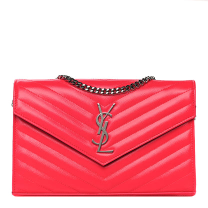 Saint Laurent Patent Grain De Poudre Matelasse Chevron Monogram Chain Wallet Neon Pink 1 of 12