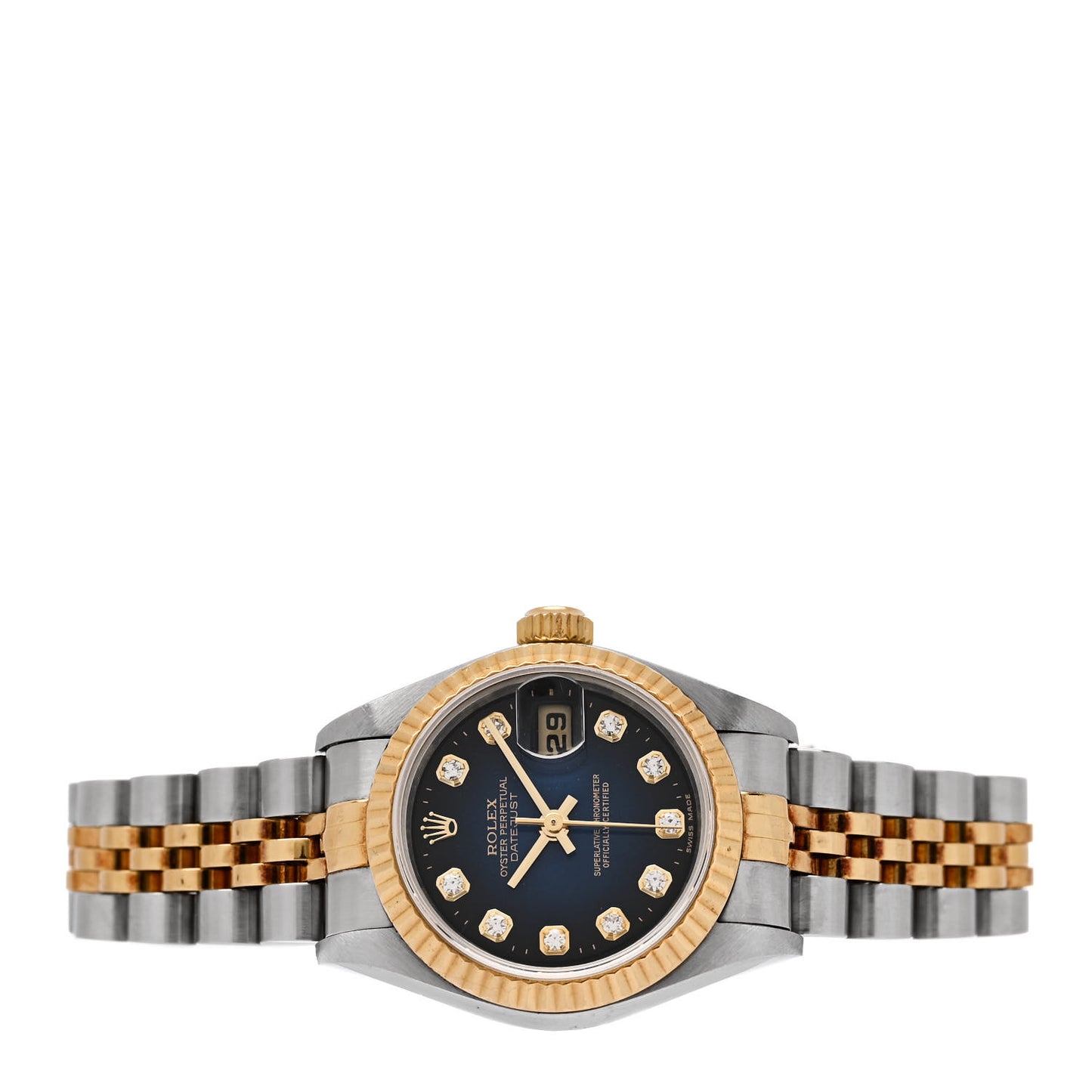 Stainless Steel 18K Yellow Gold Diamond 26mm Oyster Perpetual Datejust Watch Blue Gradient 69173