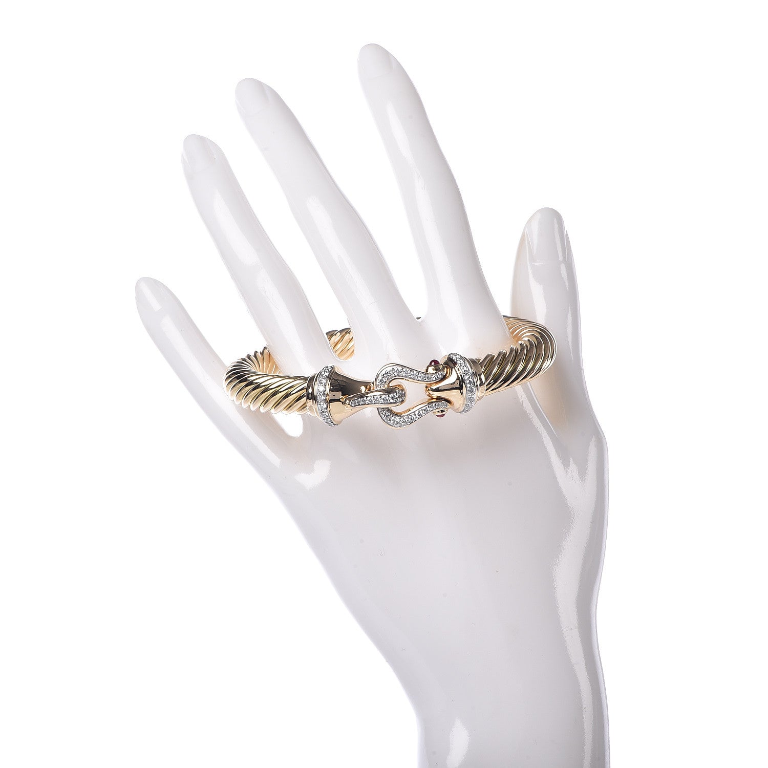 David Yurman 18K Yellow Gold Diamond Ruby 9mm Cable Buckle Bracelet 2 of 6