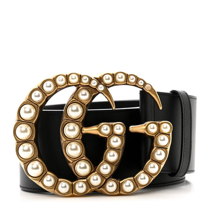 Gucci Moon Calfskin Pearl Double G 70mm Belt 85 34 Black Cream 1 of 5