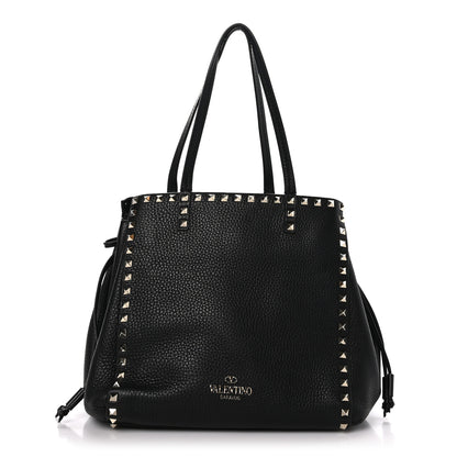 Valentino Garavani VALENTINO GARAVANI Grained Calfskin Rockstud Double Handle Cinch Tote Black 1 of 10