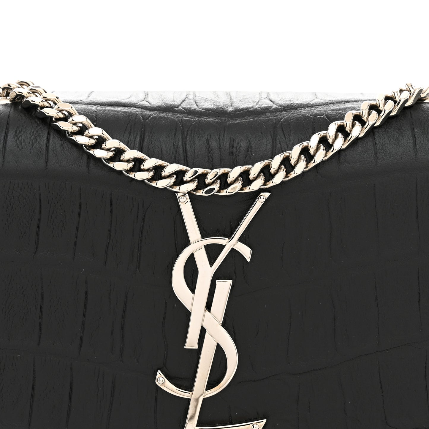 Calfskin Crocodile Embossed Small Classic Monogram Kate Tassel Satchel Black