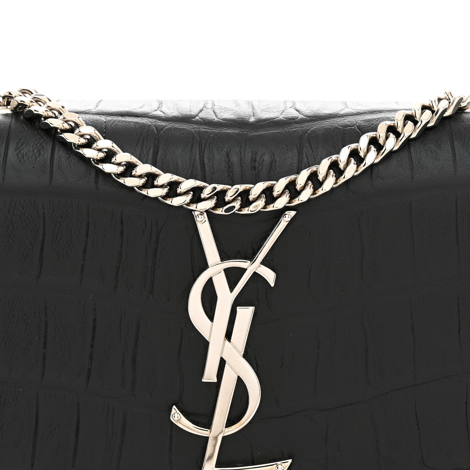 Saint Laurent Calfskin Crocodile Embossed Small Classic Monogram Kate Tassel Satchel Black 8 of 10