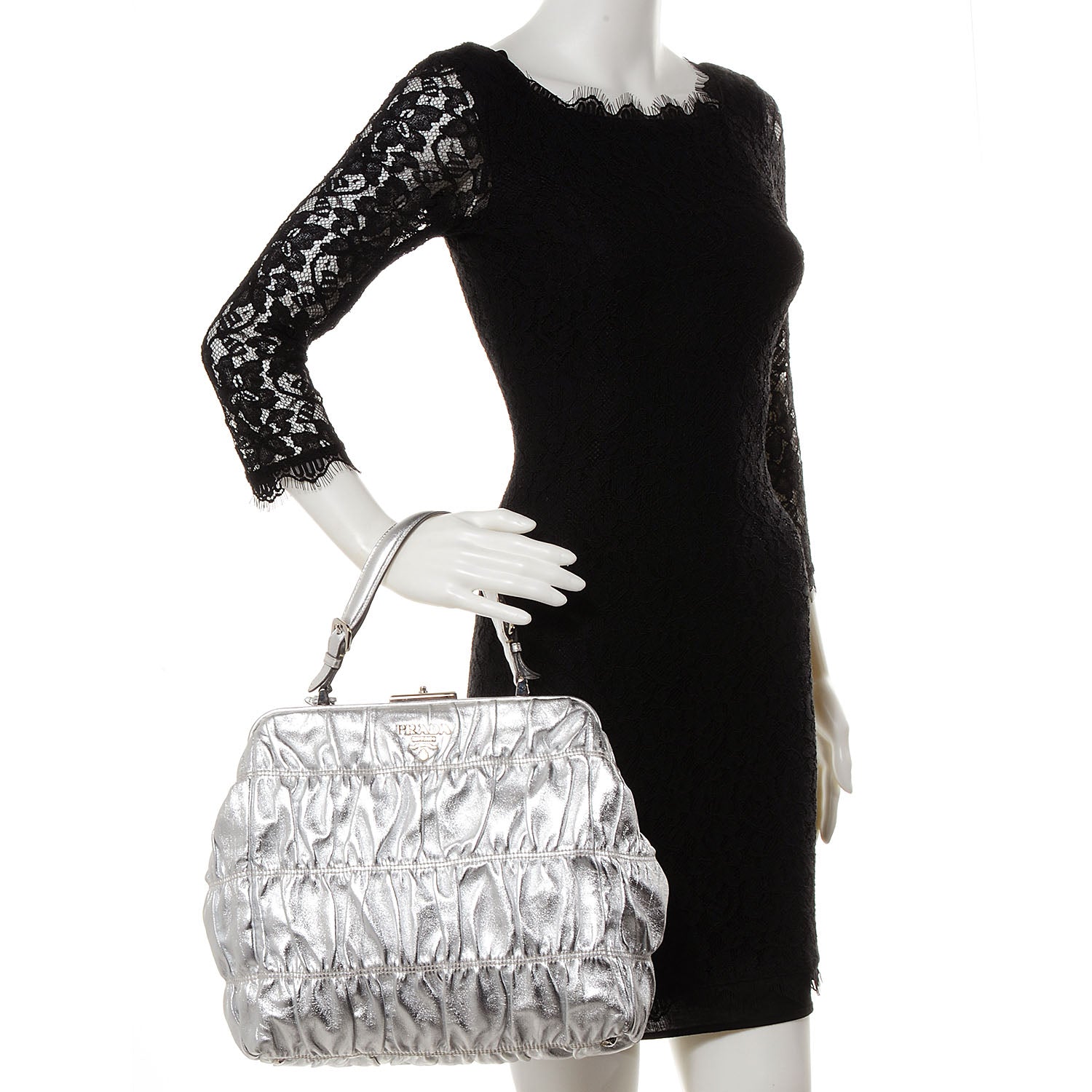 Prada Nappa Dressy Gaufre Frame Tote Argento 2 of 8