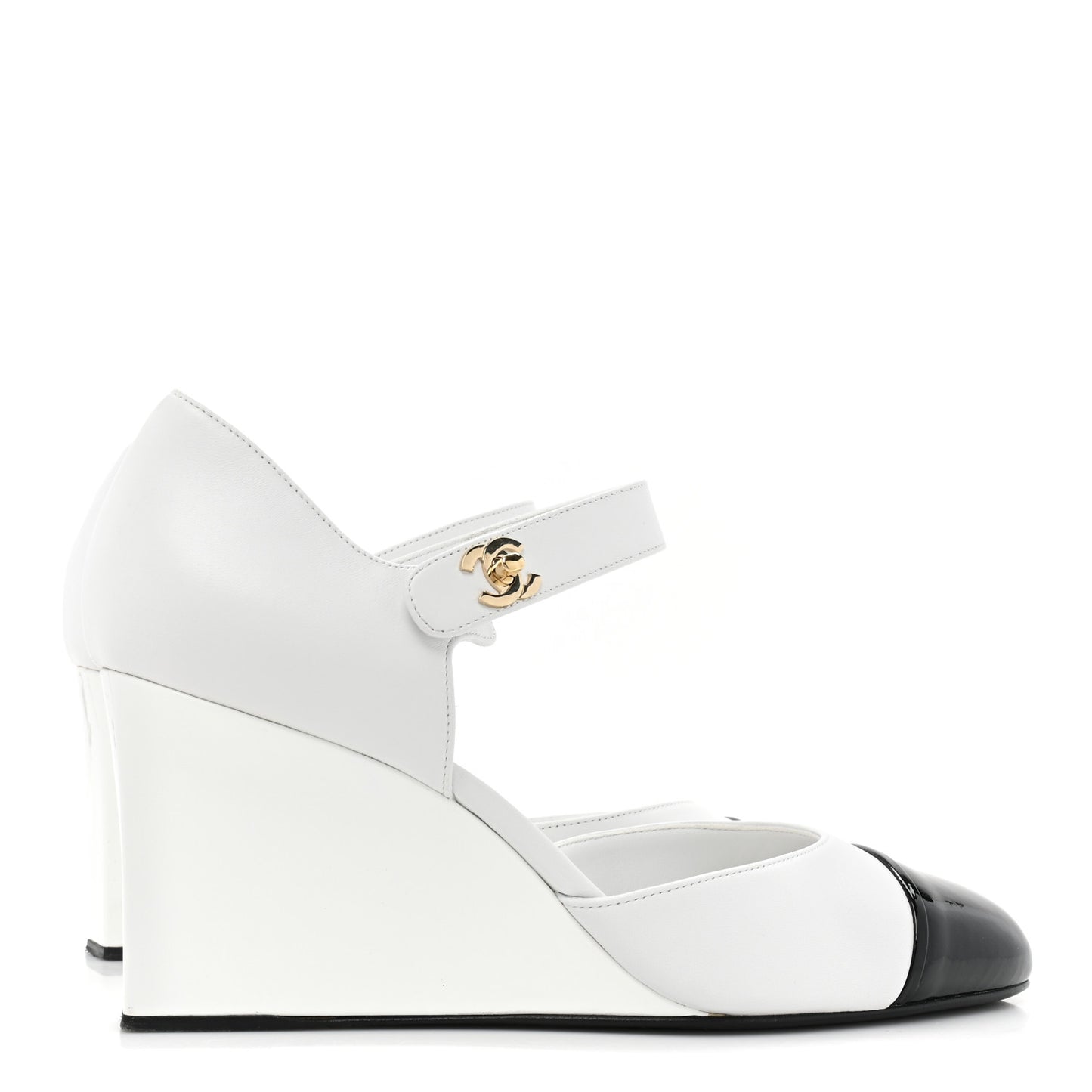 Lambskin Patent Cap Toe Mary Jane Wedge Pumps 41 White Black