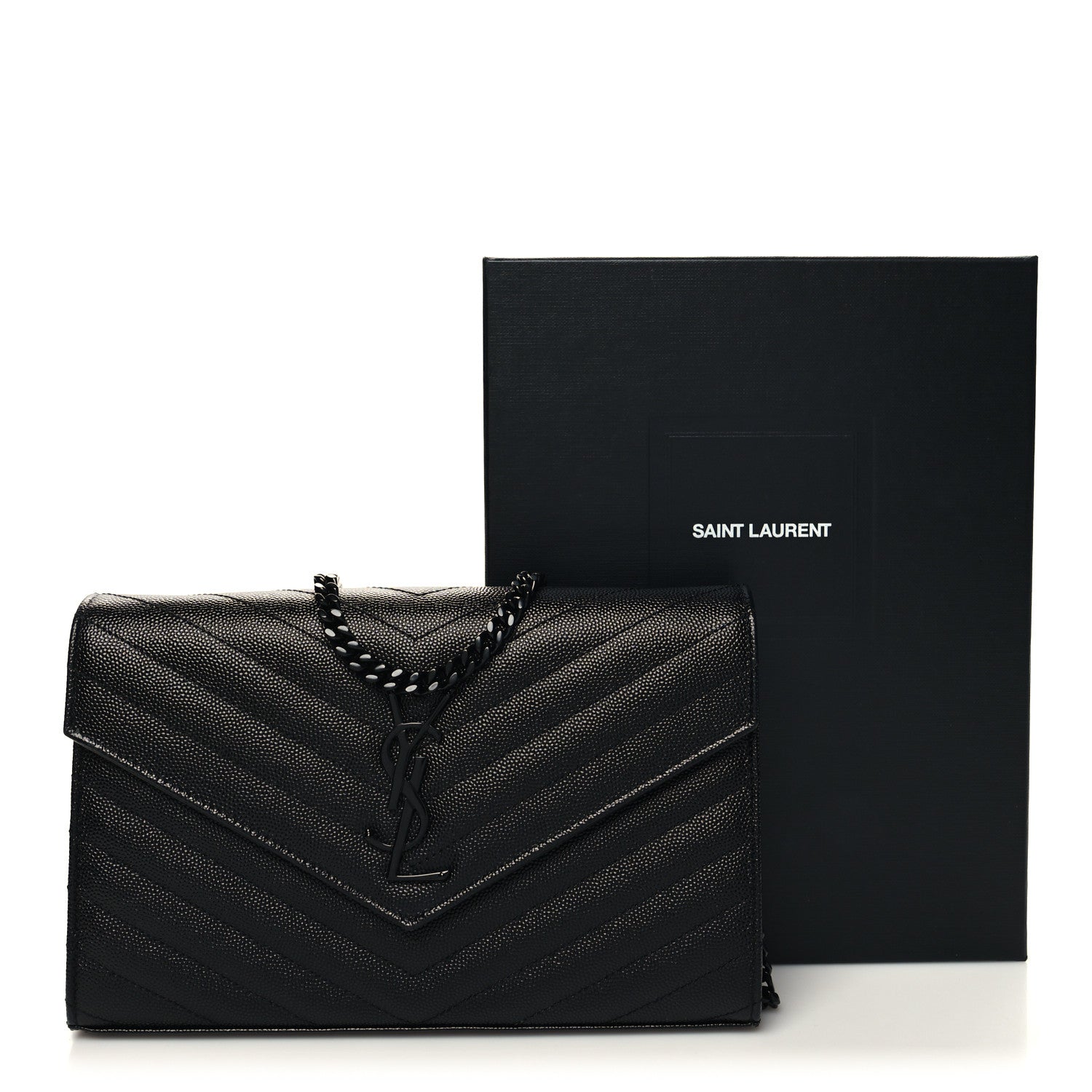 Saint Laurent Grain De Poudre Matelasse Chevron Monogram Monochrome Chain Wallet Black 11 of 11