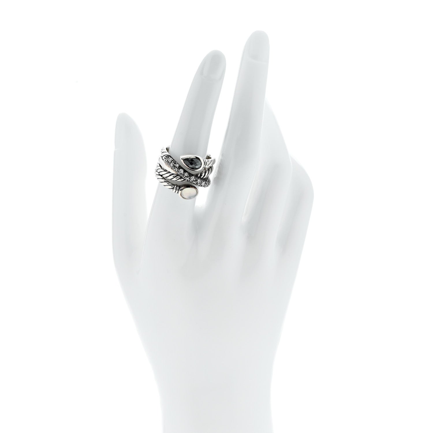 David Yurman Sterling Silver Diamond Hematite Mother of Pearl Doublet Grisaille Crossover Ring 54 7 2 of 4