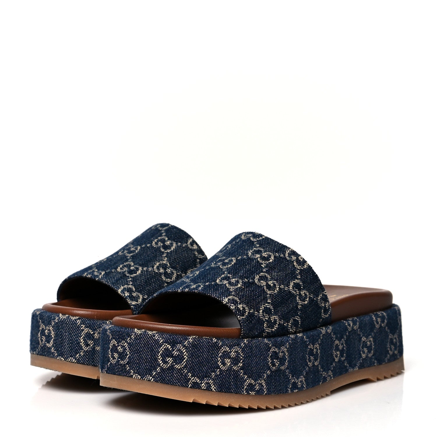 Gucci New Denim GG Monogram Angelina Platform 55mm Slide Sandals 37.5 Blue Tea 3 of 8