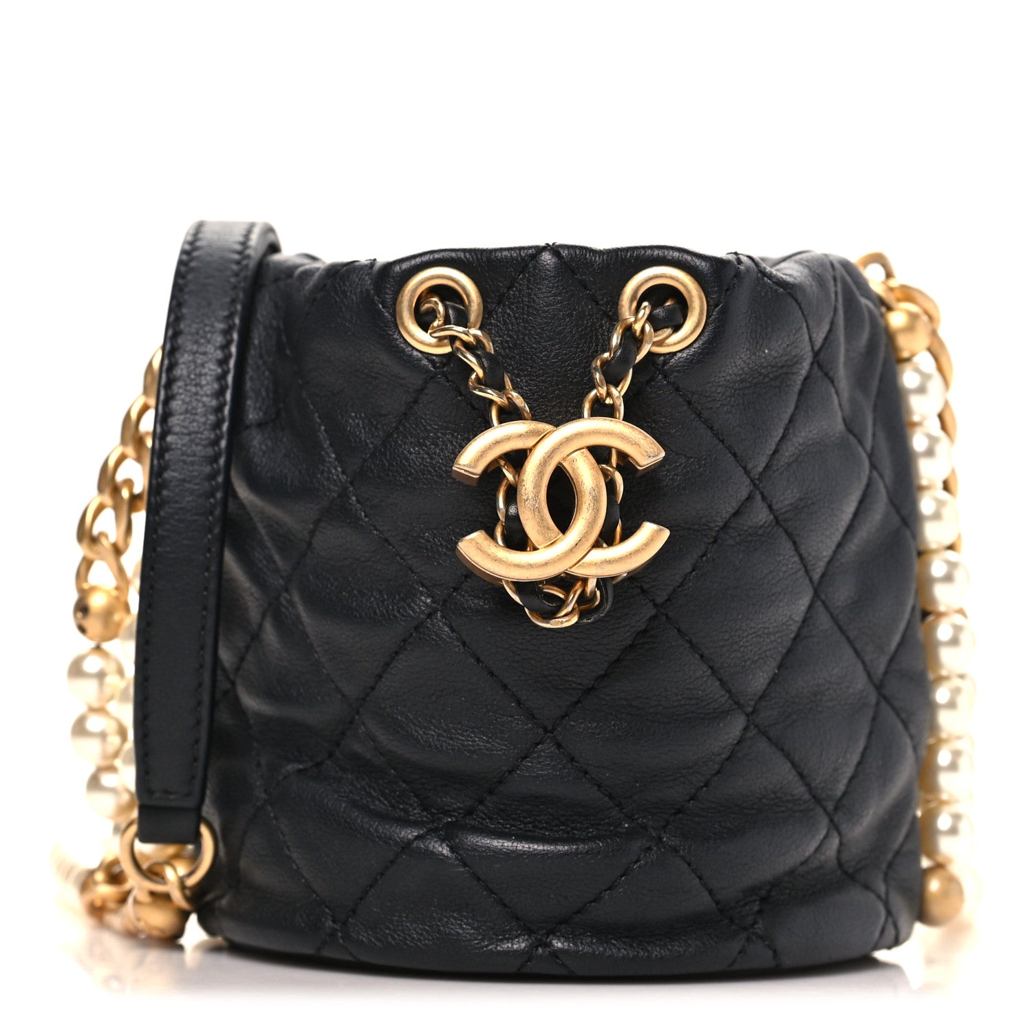 Chanel Calfskin Quilted Pearl Mini About Pearls Drawstring Bucket Bag Black 1 of 10