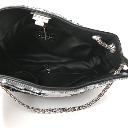 Chanel Sequin Striped Mademoiselle Tote Black Silver 5 of 9