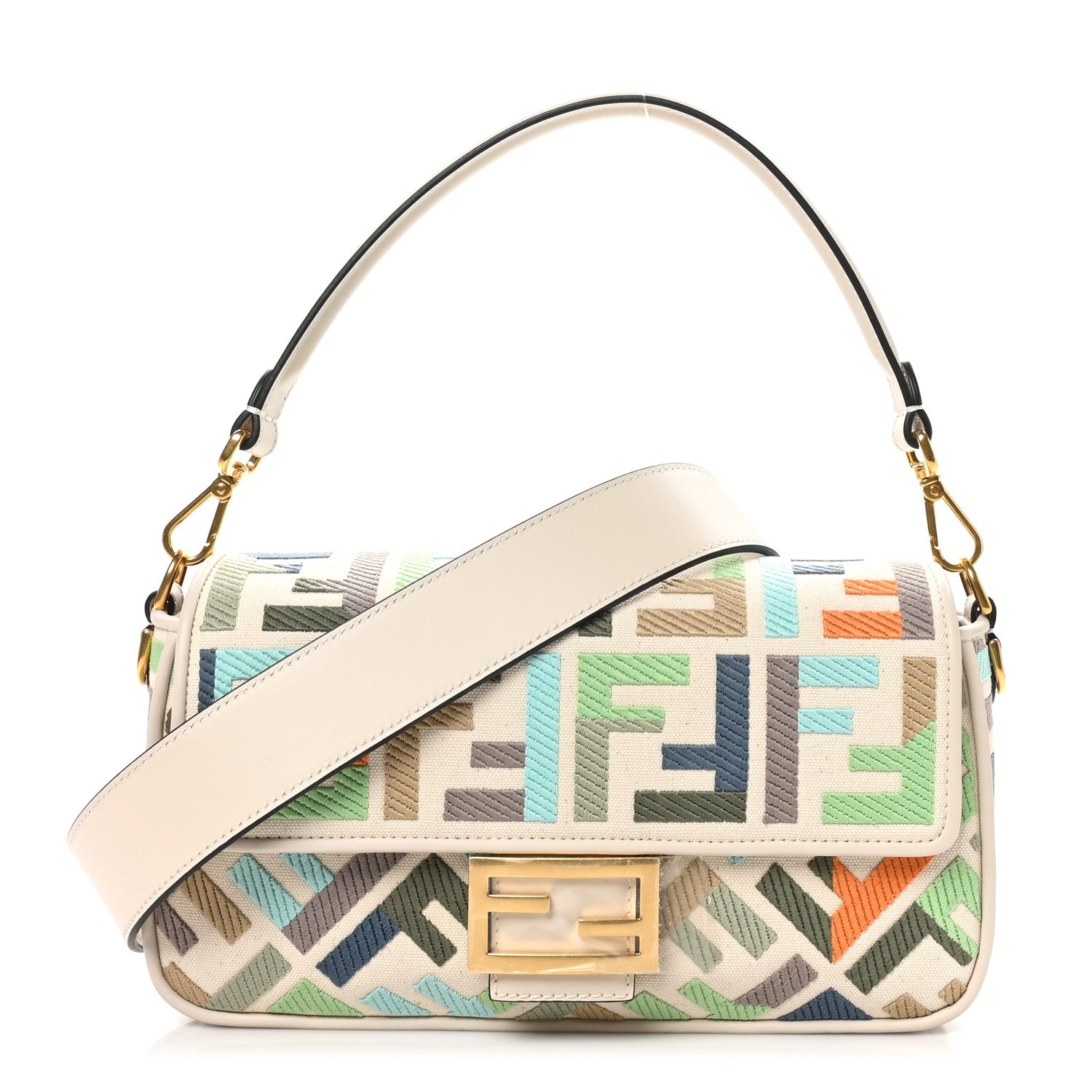 Fendi Canvas Vitello Seta FF Multicolor Embroidered Baguette Grezzo Multicolor Latte 1 of 10