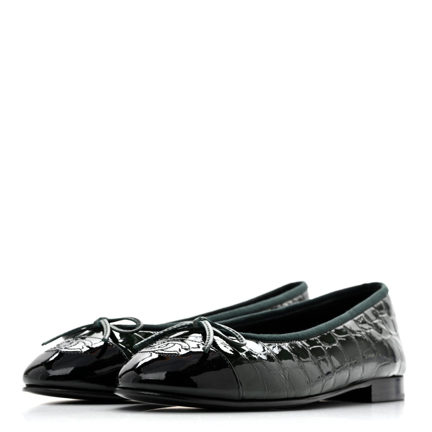 Patent Calfskin Crocodile Embossed Ballerina Flats 37 Dark Green Black