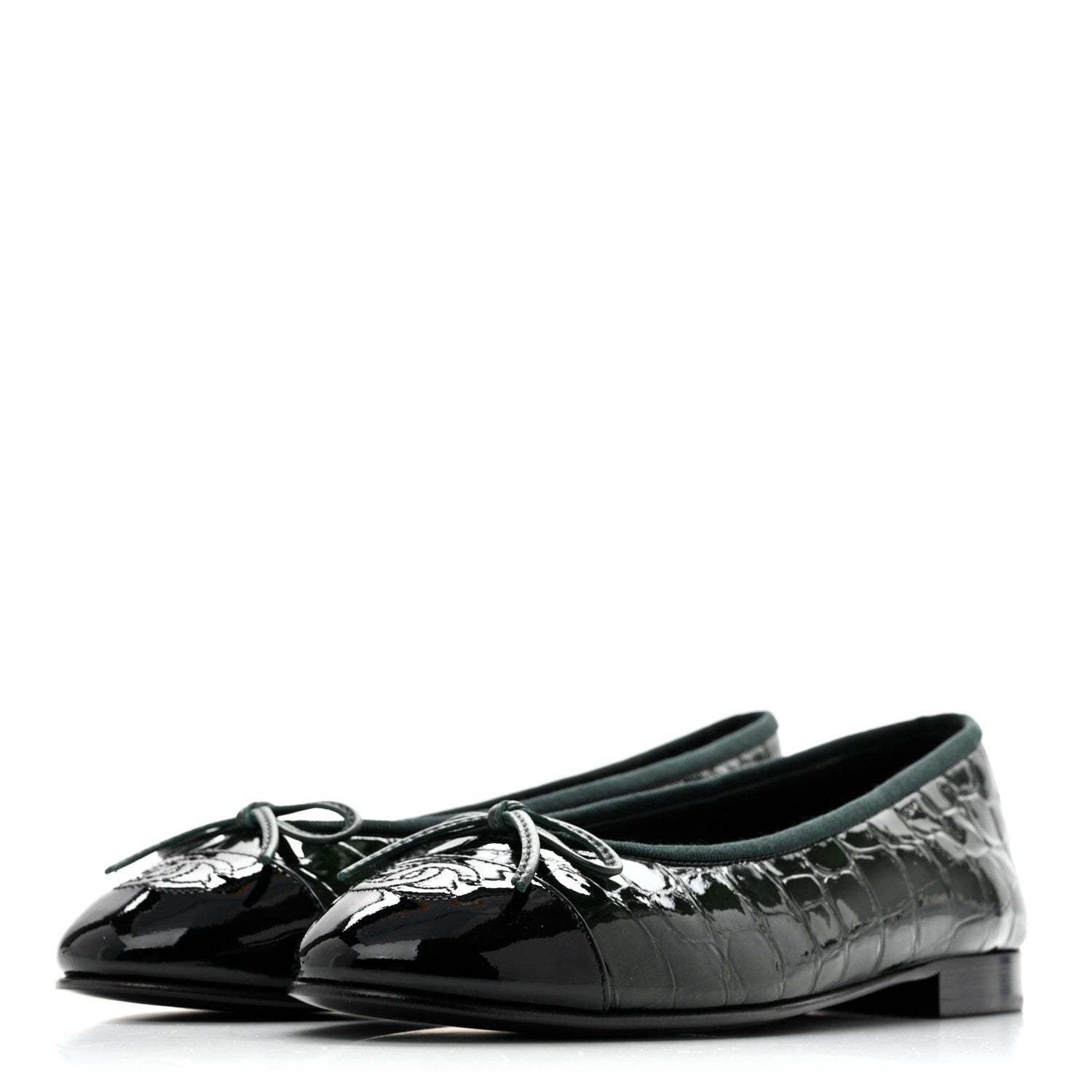Chanel Patent Calfskin Crocodile Embossed Ballerina Flats 37 Dark Green Black 4 of 10