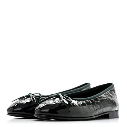 Chanel Patent Calfskin Crocodile Embossed Ballerina Flats 37 Dark Green Black 4 of 10