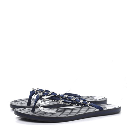 Chanel Suede Calfskin Quilted Chain Thong Sandals 40.5 Navy Blue 3 of 7