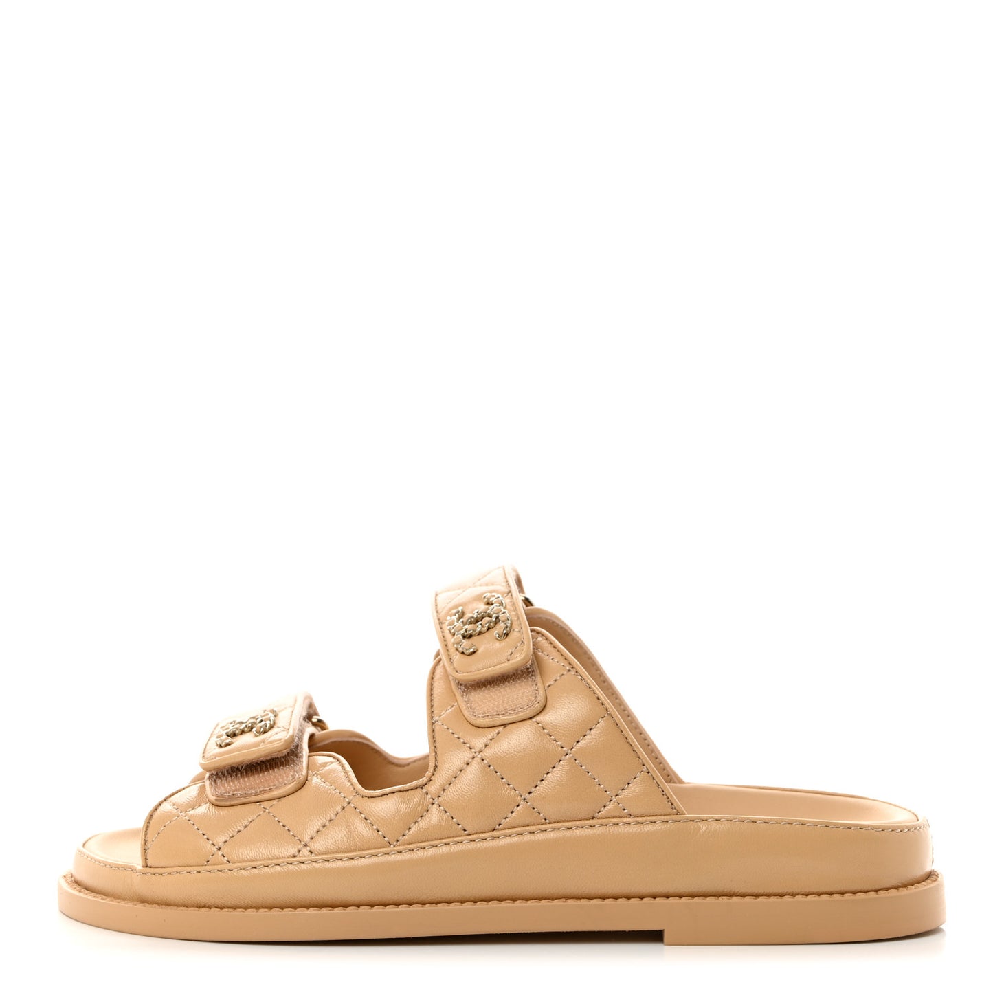 Lambskin Quilted Velcro Dad Chain CC Slide Sandals 36 Beige
