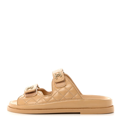 Chanel Lambskin Quilted Velcro Dad Chain CC Slide Sandals 36 Beige 1 of 9