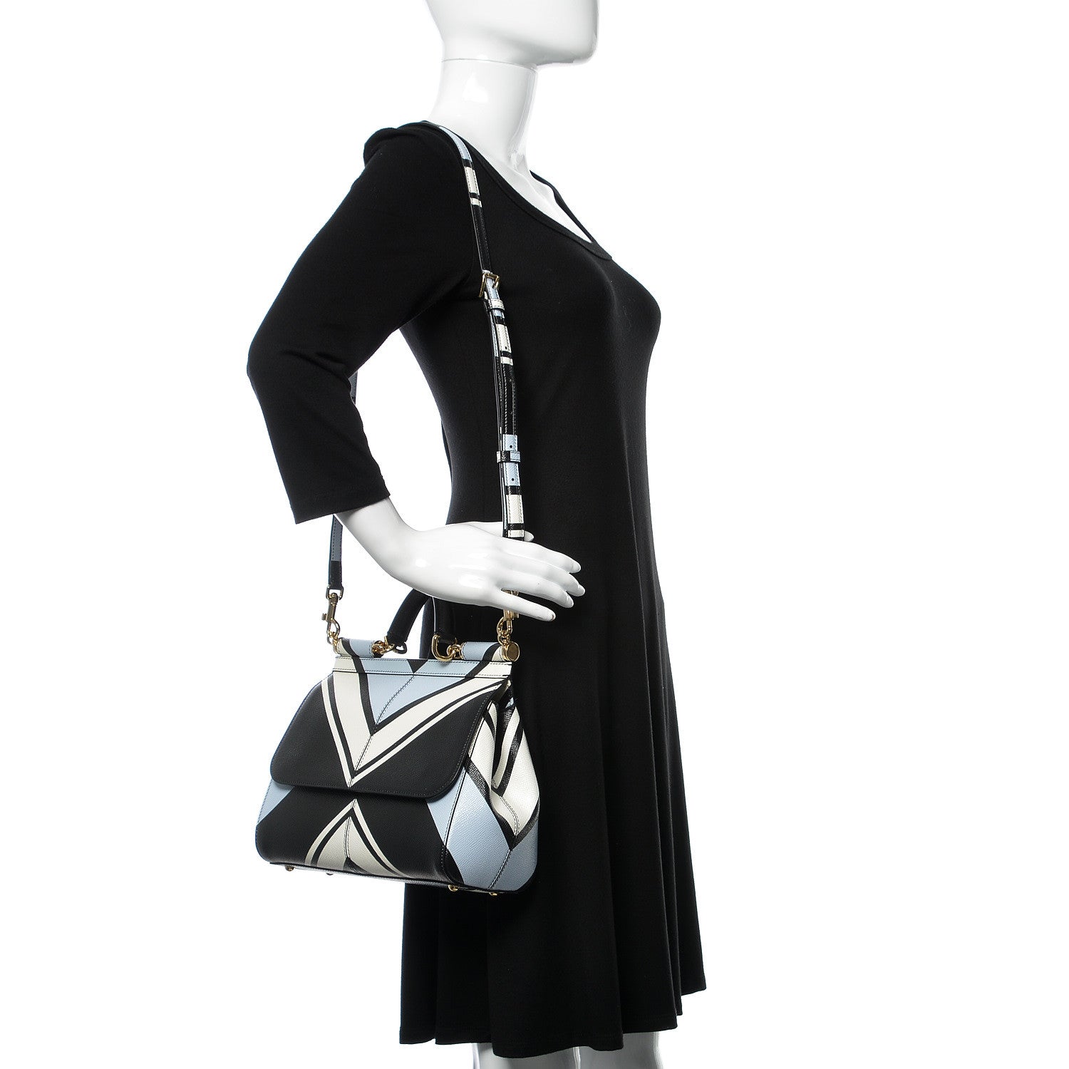 Dolce & Gabbana Dauphine Geo Striped Medium Miss Sicily Satchel White Blue Black 2 of 8