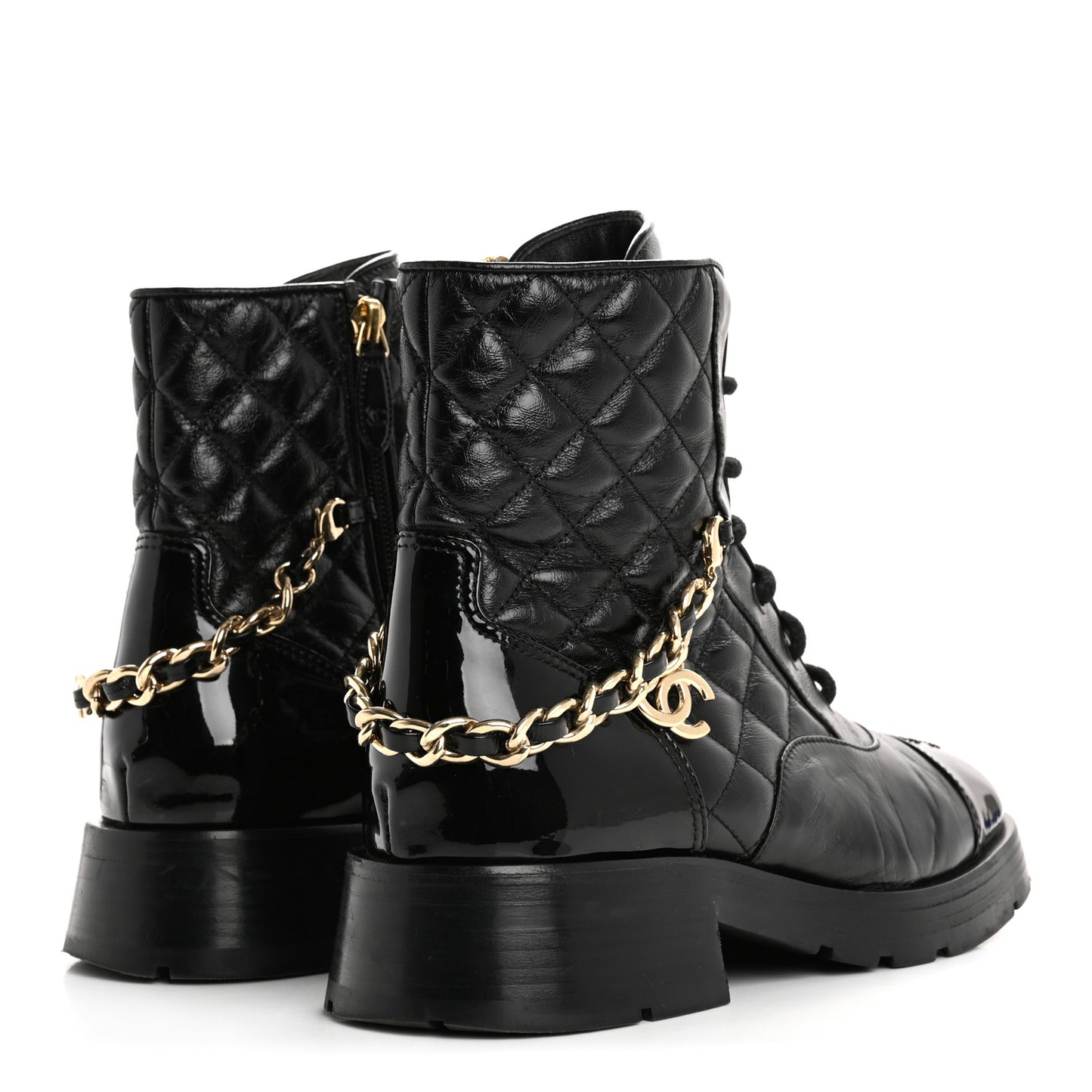 Shiny Calfskin Patent Quilted Chain Lace Up Combat Boots 38 Black