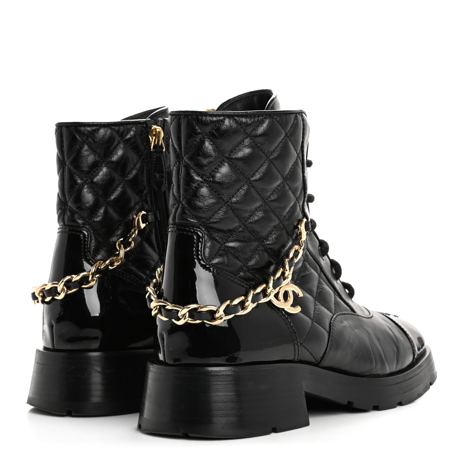 Chanel Shiny Calfskin Patent Quilted Chain Lace Up Combat Boots 38 Black 5 of 14